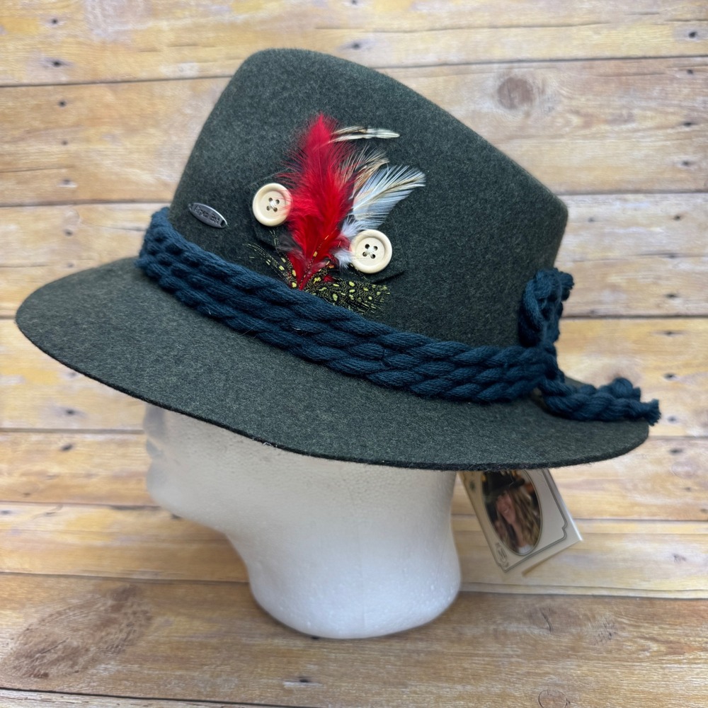 Alpen Hat Deluxe‎ Alpine Wool Hat Green Bavarian Oktoberfest Feather Medium NEW